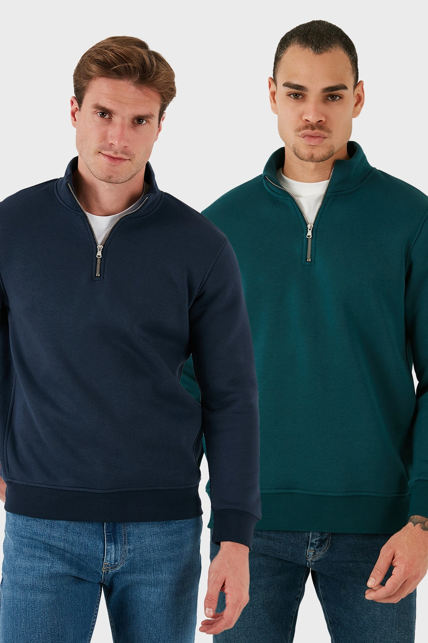 Buratti Pamuklu Regular Fit Dik Yaka 2'Li Paket Erkek Sweat 59052592S2 Koyu Lacivert-Petrol