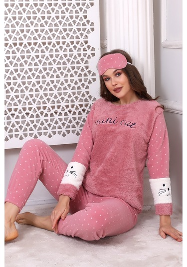 Fawn 3012 Peluş Welsoft Polar Kışlık Pudra Kadın Pijama Takımı Pudra