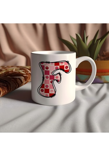 F Harfi Pembe Kareli Kalpli Göz Emojili Kupa Bardak Eğlenceli Kareli Tasarım Kahve Çay Kupası 07 Beyaz