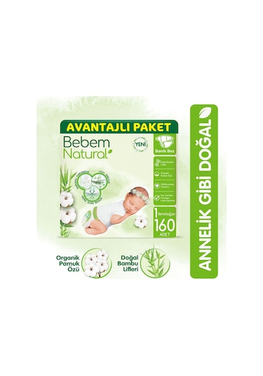 Bebem Natural Bebek Bezi 1 Beden Yenidoğan Avantajlı Paket 160 Adet