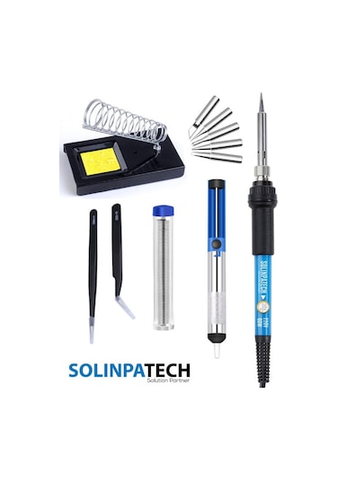 60W Sıcaklık Ayarlı Kalem Havya 5 Adet Uç Stand 2 Adet Cımbız Lehim ve Pompası Seti