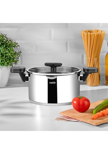 Nehir Roma 24 Cm Paslanmaz Çelik Süzgeç Kapaklı Fonksiyonel Derin Tencere