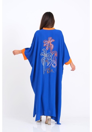 Kadın Saks Mavi Sırtı Palmiye Nakışlı Yarasa Kol Oversize Uzun Elbise - Saks Mavi Saks Mavisi