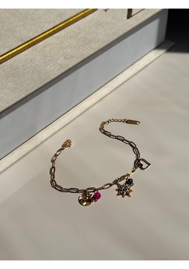 Renkli Taşlı Yıldız Figürlü Altın Kaplama Kadın Çelik Bileklik Altın