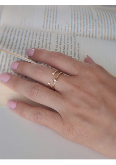 İki Sıralı Yıldız Zirkon Taşlı Ayarlanabilir Gold Altın Renkli Yüzük Gold