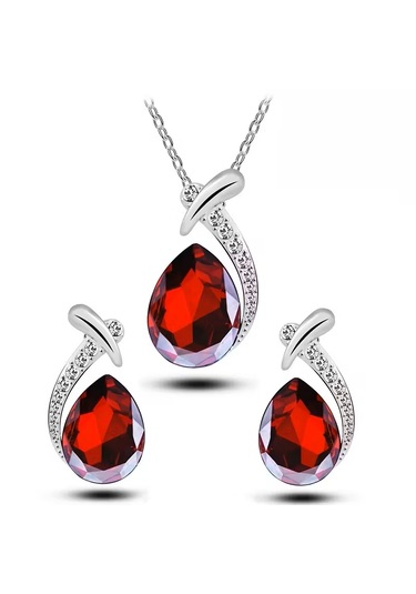 Yeni Collections Damla Taşlı, Trend Zirkon Taş İşlemelitakı Seti Kolye Küpe , Yeni Yıl, Kırmızı