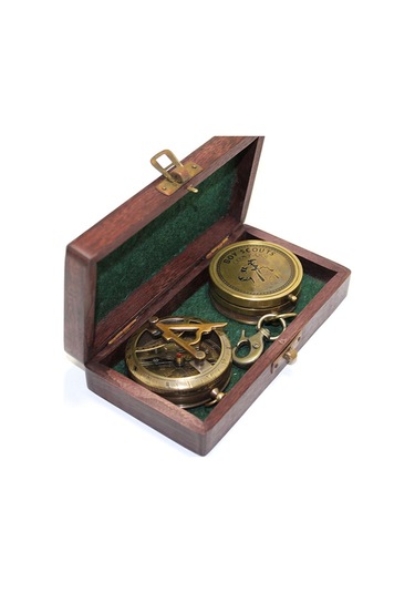 Ahşap Kutulu El Yapımı Pirinç Güneş Saati Ve Pusula 15640