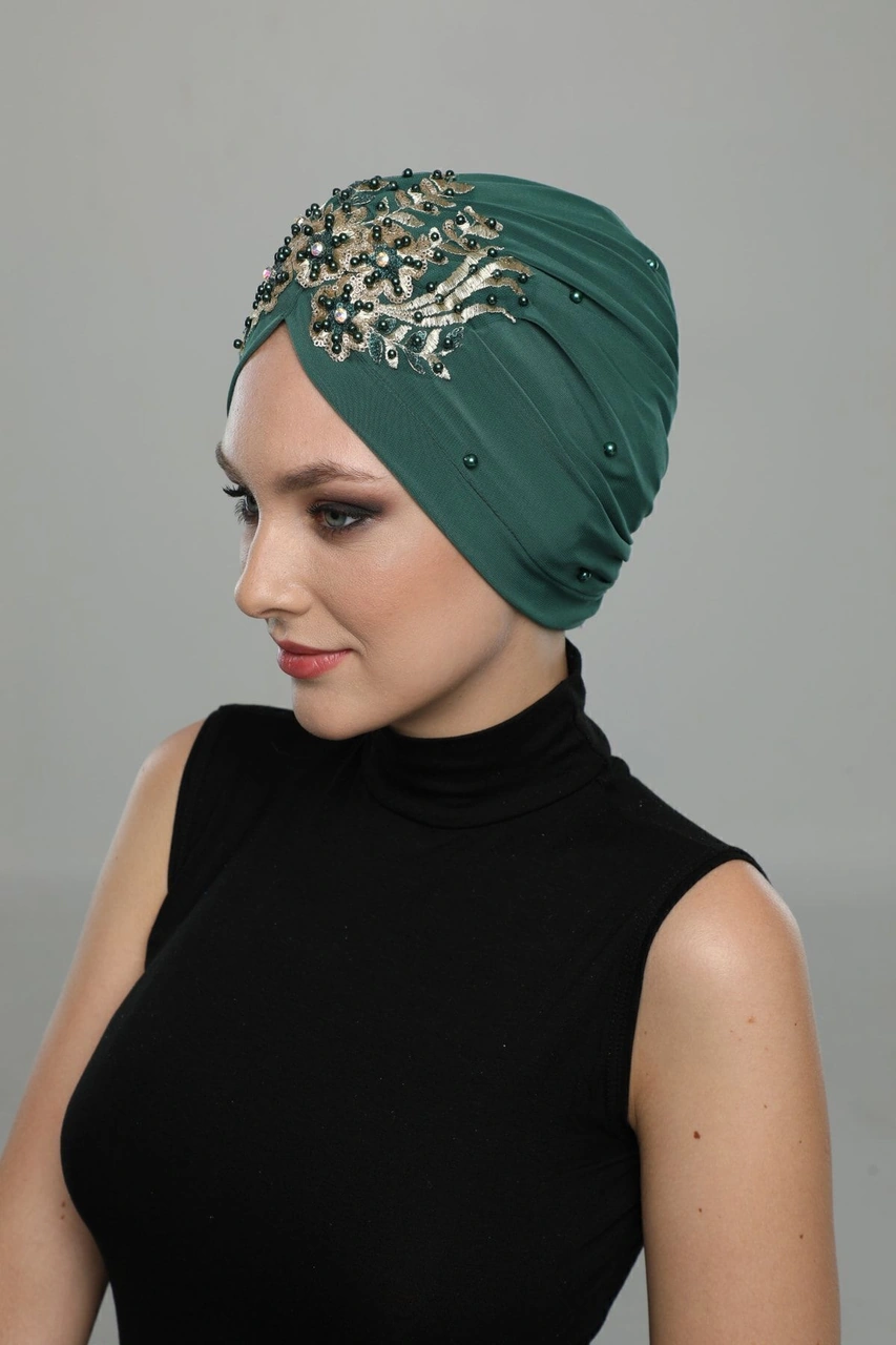 Kopma Astarlı Işlemeli Yeşil Sırma Motifli Hazır Türban Tesettür Abiye Bone Yeşil Sırma