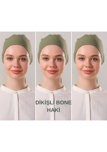 Kadın Tesettür Dikişli Set Bone Haki 3 Adet Bağlamalı Penye Bone Haki