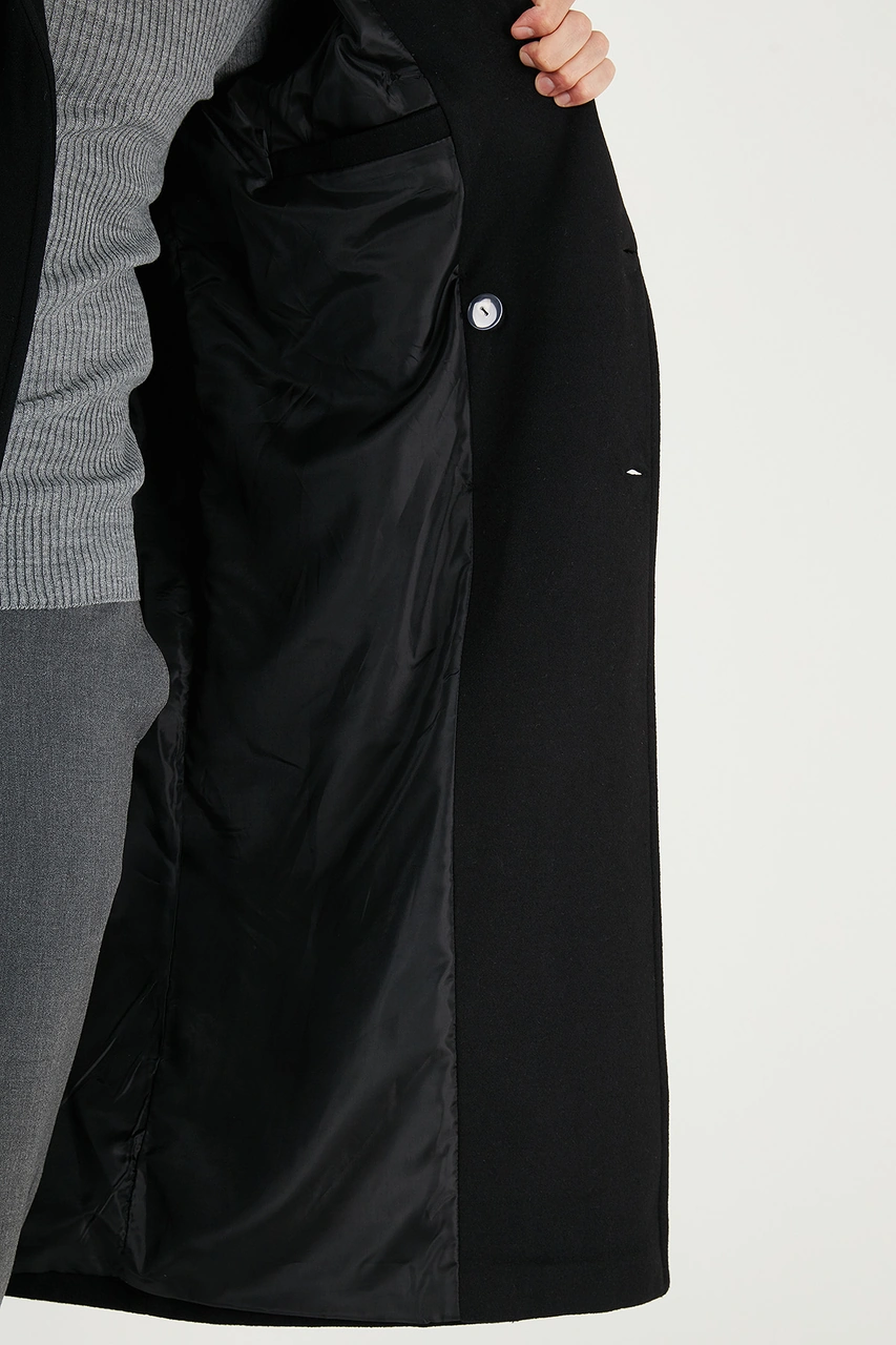 Buratti Loose Fit Kruvaze Yaka Uzun Astarlı Kaşe Erkek Kaban 681003 Siyah