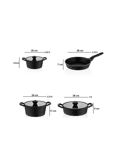 Vento 7 Parça Döküm Titanyum Kaplama Tencere Tava Seti Siyah Siyah
