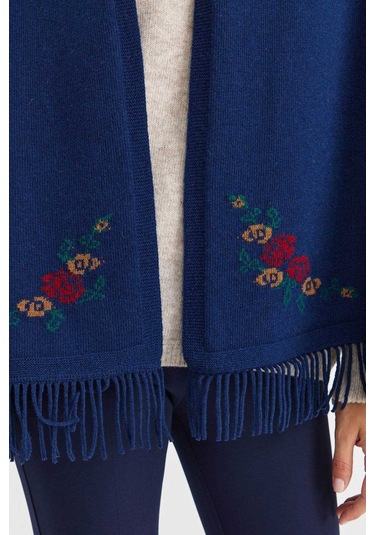 Desen Triko Kadın Triko Kenarı Çiçekli Yün Şal 23224 Indigo İndigo
