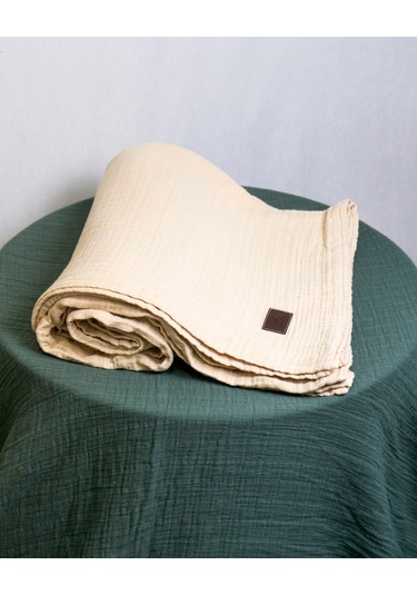 4 Katlı Müslin Yatak Örtüsü - Battaniye Pike %100 Organik Pamuk Dört Mevsim Yumuşak Gots Sertifikalı Ekru