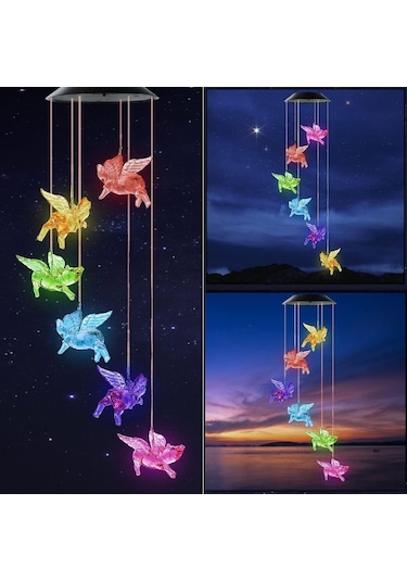 Qingmipy Güneş Enerjili Led Melek Kuyruklu Kuş Zil Lambası, Dış Mekan Dekorasyon Aydınlatması, Siyah Kasa 6 Işık, 6-8 Saat Süre Çalışır