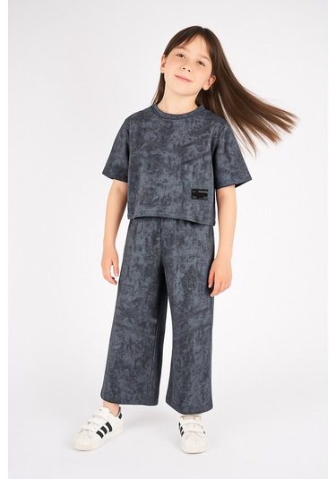 Kız Çocuk Oversıze Taytlı Kısa Kol Pamuk Takım Koyu Gri