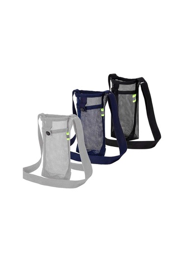 Fortunelane 3'lü Su Şişesi Çantası Seti - Ağ Desenli Kılıf, Askılı, Yürüyüş Kamp İçin Siyah Mavi Gri, Siyah - Gri - Mavi