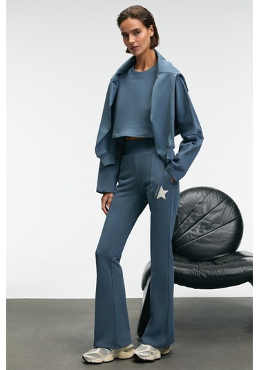 ANOUK Kadın Pamuklu Baskı Ve Patch Detaylı Bisiklet Yaka Crop Petrol Mavisi Sweatshirt