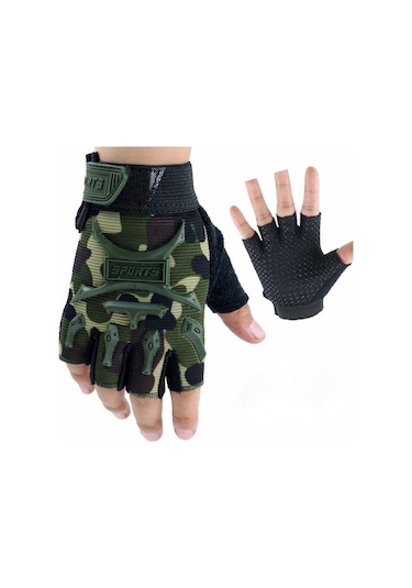 Reedark Çocuklar İçin Yarım Parmaklı, Kayganlık Önleyici, Dayanıklı Bisiklet Eldiveni - Kamuflaj Desenli S Beden