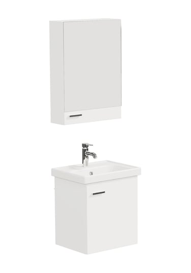 Aqua Bagno Basic Alt Dolap + Üst Dolap -lavabo Dahil-beyaz ,50 Cm. 3 Parça Beyaz