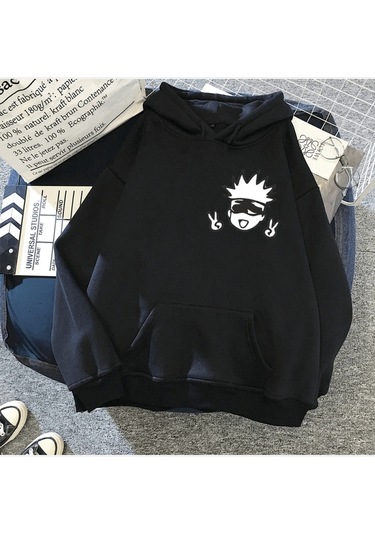 Gojo İcon Siyah Kapşonlu Sweatshirt Siyah