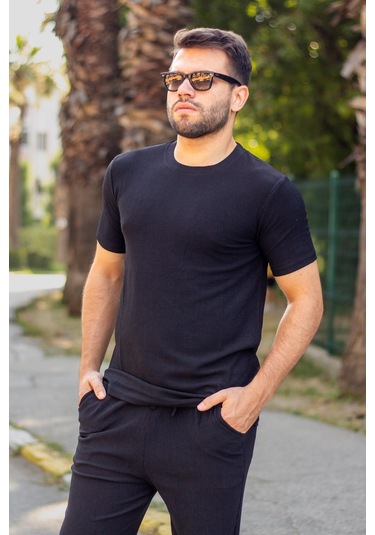 Erkek Siyah Krep Kumaş Rahat Salaş Esnek Bisiklet Yaka T-shirt 23etshtarp 001