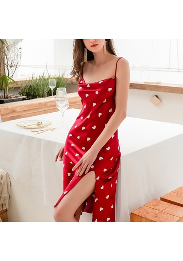 Sones Yaz Aşk-kalp Desenli Gecelik Taklit İpek Uzun Askılı Elbise Bayanlar İçin Kırmızı