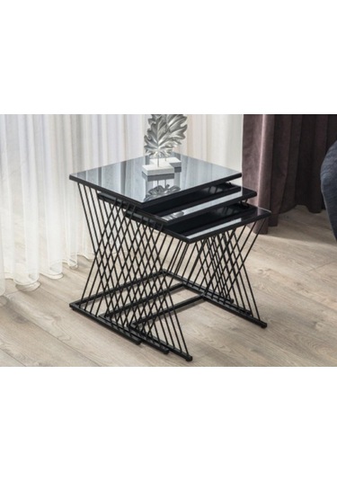 Vienna Siyah Metal Ayaklı,Füme Aynalı Zigon Sehpa