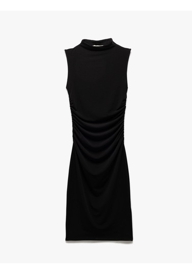 Koton Hafif Dik Yaka Kolsuz Drapeli Slim Fit Midi Kalem Elbise Siyah 5sak80023ek