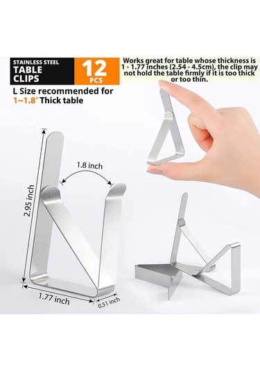 Lemestar 12 Adet Paslanmaz Çelik Masa Örtüsü Klembi - Dış Mekan Piknik İçin Dayanıklı Rüzgar Tutan Tutucular 2.95x1.77x0.47 İnç Gümüş