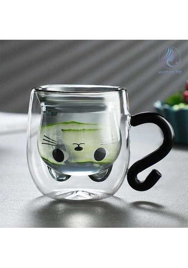 Createtech Çift Duvar Cam Kedi Şekli Bardağ Kaşık Fincan Seti Şeffaf, Kapaklı, Ev Ofis Şeffaf