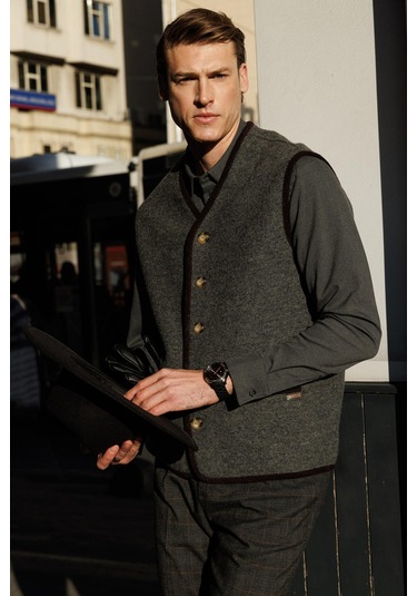 Erkek V Yaka Astarlı Saf Yün Keçe Yelek K.füme K.füme