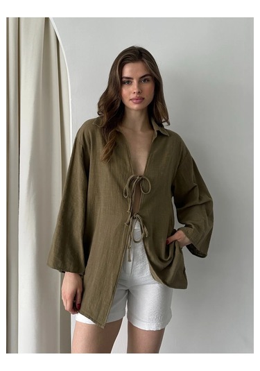 Olive %100 Keten Bağcık Detaylı Kimono Bluz - 5218 Yağ Yeşili