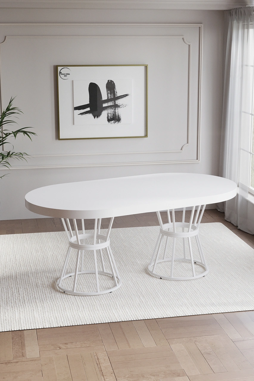 Bohem Polo Mutfak Masası Takımı 6 Kişilik Bencli Beyaz Krem