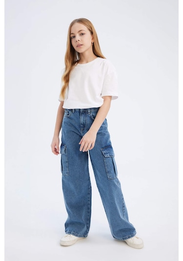 DeFacto Kız Çocuk Wide Leg Kargo Geniş Bol Paça Pamuklu Jean Pantolon D7091A825SMNM28 Mavi
