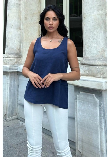 Lacivert Müslin Katlı Bluz Lacivert