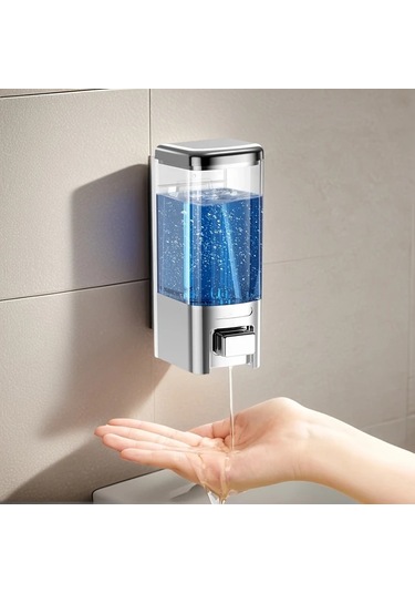 Xuweiwei 2 Adet Tatukıko Gümüş Duvara Monte Çift Başlı Sabunluk 500ml Manuel Basmalı Ftalatsız Plastik Şeffaf Gövde Mavi Sıvı Seviye Göstergeli Banyo Otel Ev Kullanımı Gümüş