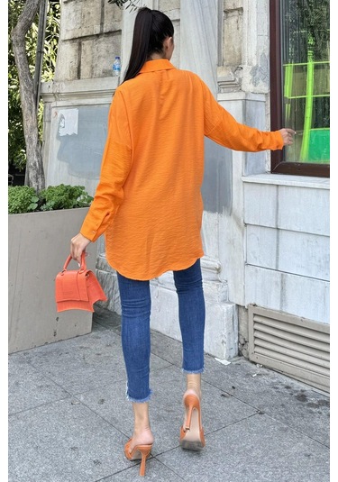 Turuncu Taş Detaylı Keten Klasik Gömlek Turuncu