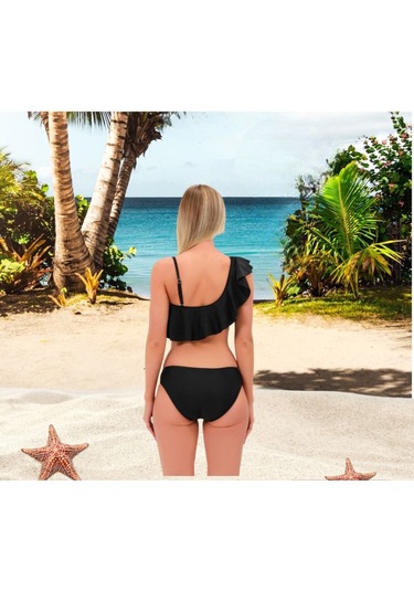 Shopiolog Kadın Düz Fırfırlı Tek Askılı Tek Omuzlu Bikini Haki