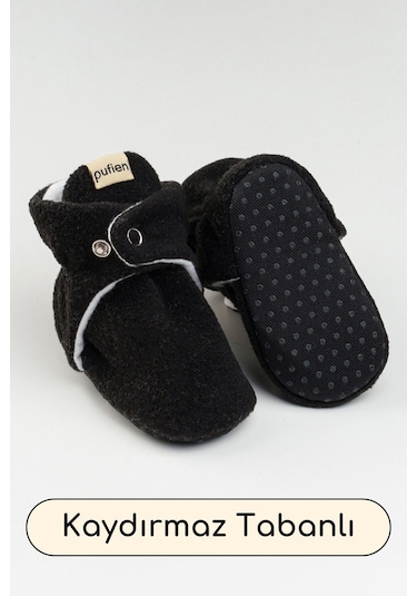 Organik Pamuk Astarlı, Bebek İlk Adım Ayakkabısı, Kaydırmaz Taban, Bebek Pandufu, Bebek Patik Siyah Siyah