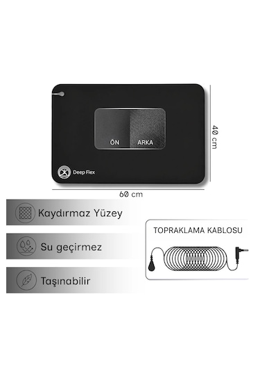 Deepflex Topraklama Matı Seti Kablo + Priz Adaptörü Dahil Kaydırmaz, Suya Dayanıklı 40x60 Cm Siyah