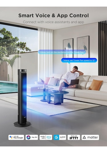 42 Inç Sessiz Akıllı Kule Vantilatör, 12 Hız, Wifi, Alexa, Uzaktan Kumanda