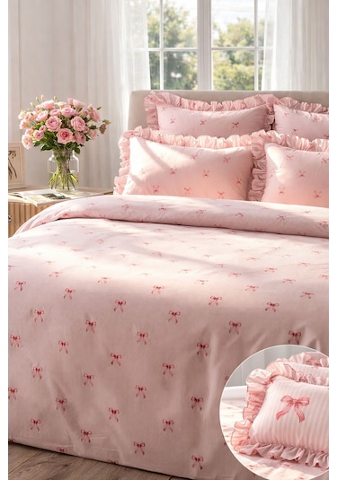 Uçkan Home %100 Pamuklu Fiyonk Desen Fırfırlı Çift Kişilik Nevresim Seti---94