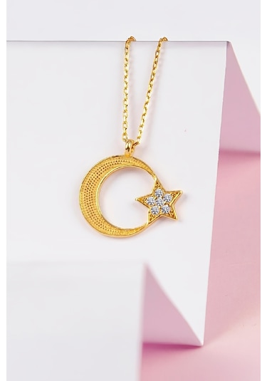 925 Ayar Gümüş Altın Kaplama Zirkon Taşlı Ayyıldız Bayan Kolye