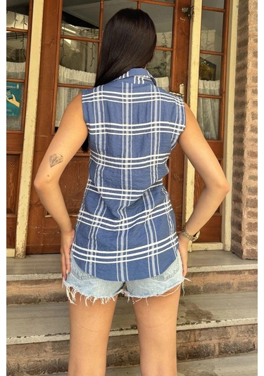 Kadın Mavi Ekose Desen, Dokulu Kumaş, Kolsuz Rahat Gömlek Mavi