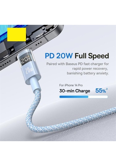 Baseus Display 20w Type-c - 8 Pin Hızlı Şarj Kablosu, Uzunluk:2m 001