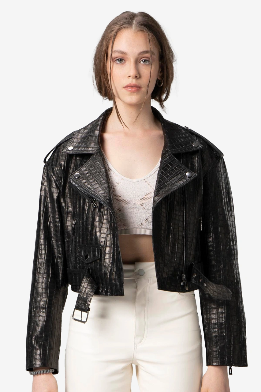 Dericlub H.quinn Crop Biker Kadın Deri Mont Siyah Baskılı