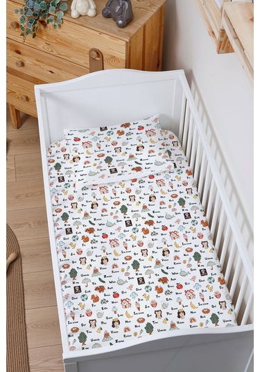 Organik Bebek Boy Lastikli Çarşaf Seti 80x140 - Eğlenceli Kelimeler