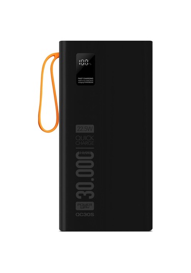 Powerway 30.000 Mah Pd 22.5w Dahili Kablolu Hızlı Şarj Fener Gerçek 30.000 Mah Qc30s Siyah Powerbank