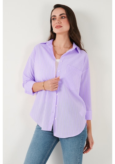 Lela Regular Fit Uzun Kollu Cepli Çizgili Bayan Gömlek 6772895 Lila