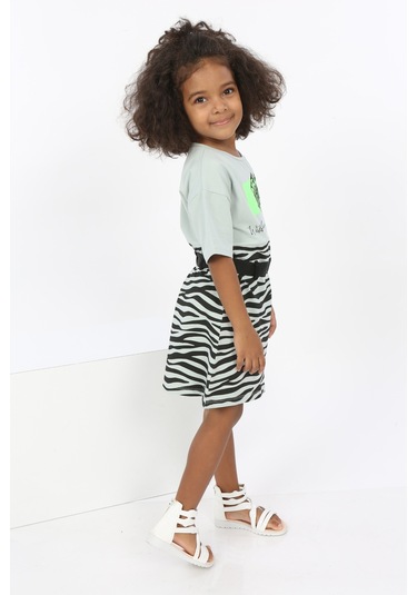 Toontoy Kız Çocuk Zebra Baskılı Elbise Yeşil